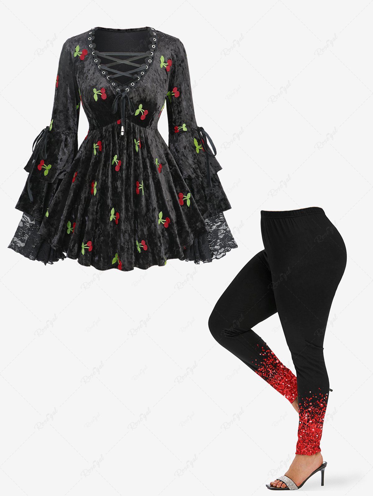 Outfit Cherry Embroidery Lace Up Drawstring Flare Sleeve Top and Sparkling Sequin 3D Print Leggings Plus Size Outfit  