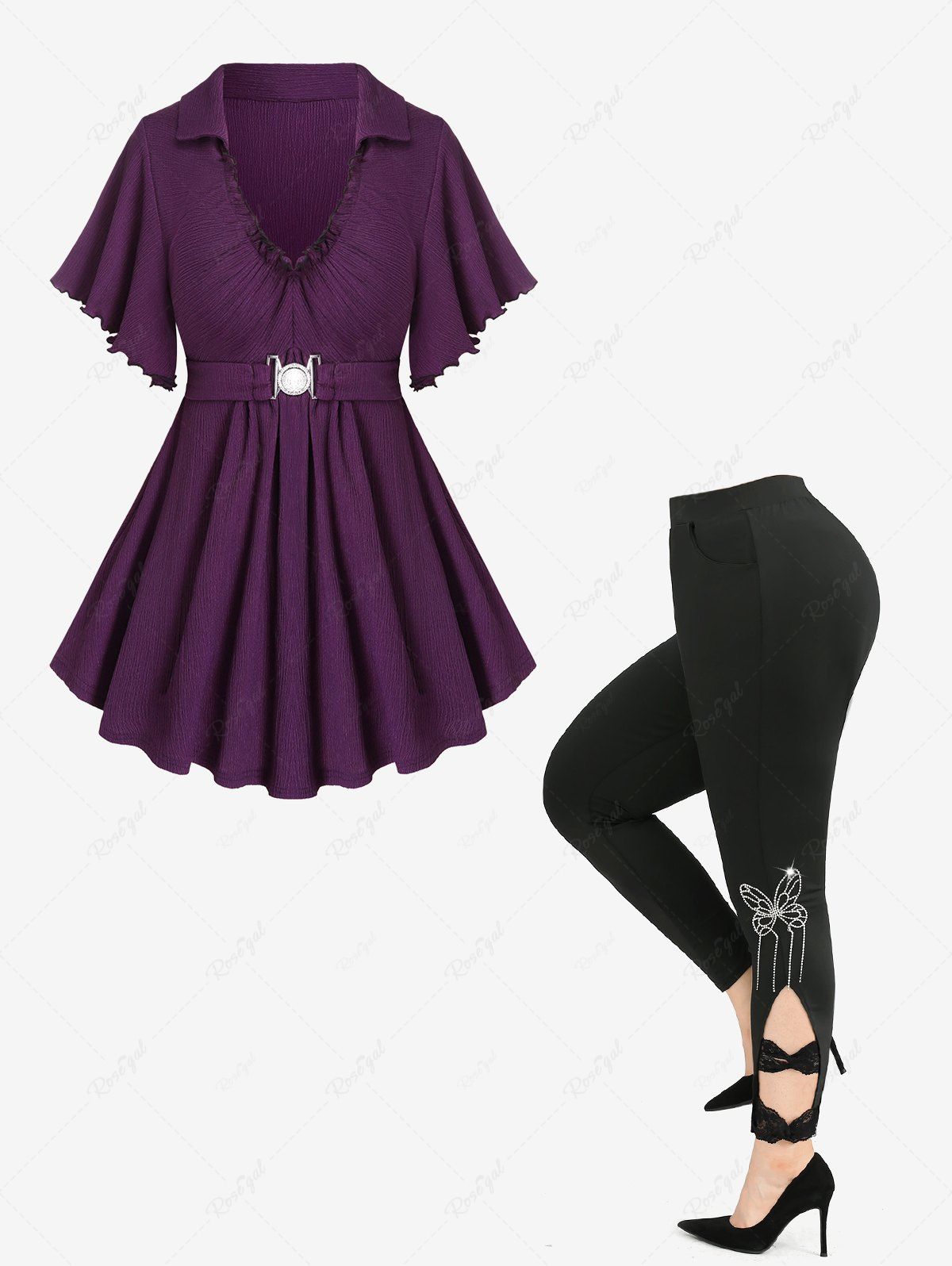 Shops Buckle Ruched Butterfly Sleeves T-Shirt and Bowknot Lace Leggings Plus Size Outfit  
