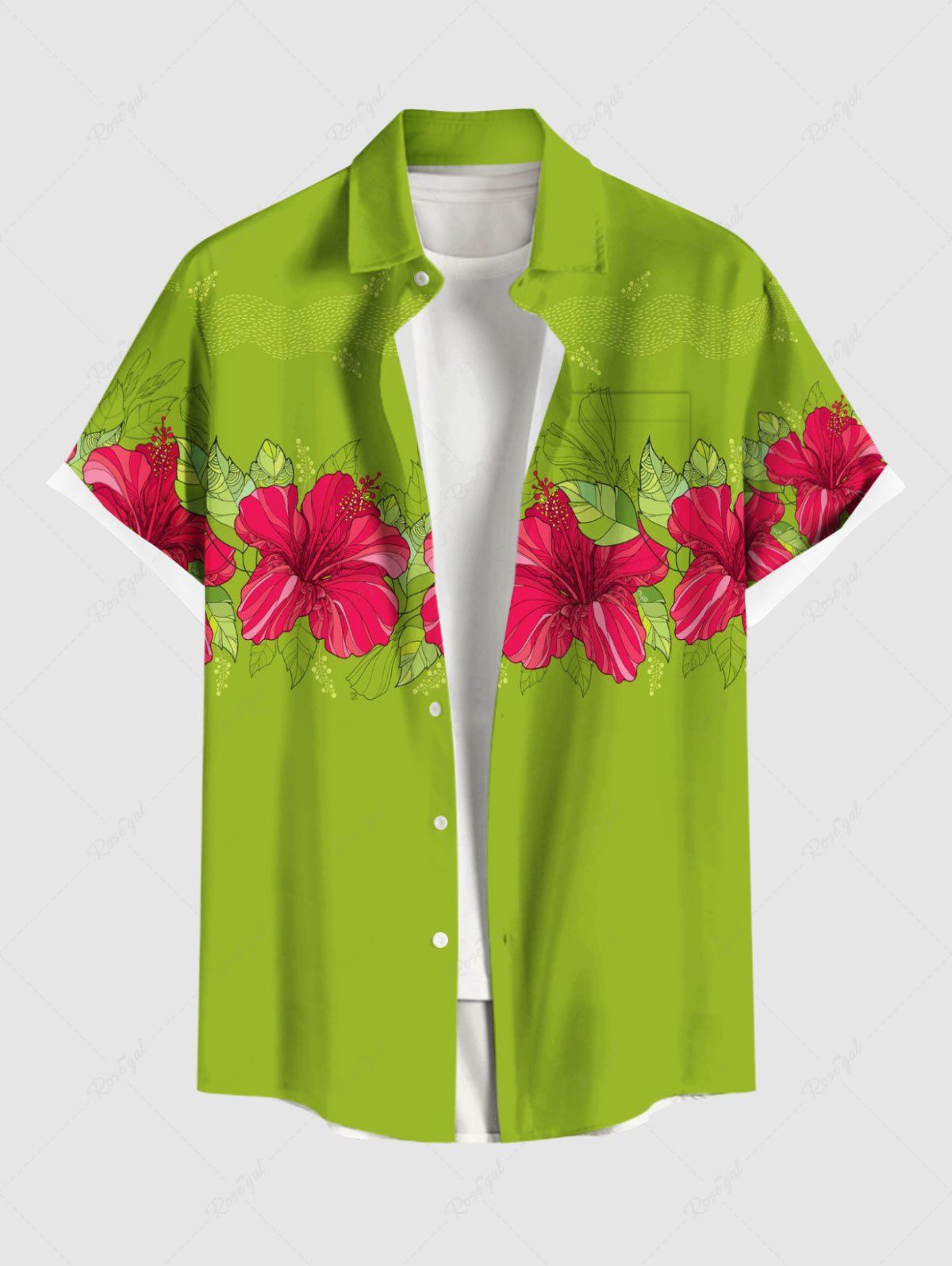 Chic Plus Size Tropical Leaf Hibiscus Flower Print Buttons Pocket Hawaii Shirt For Men  