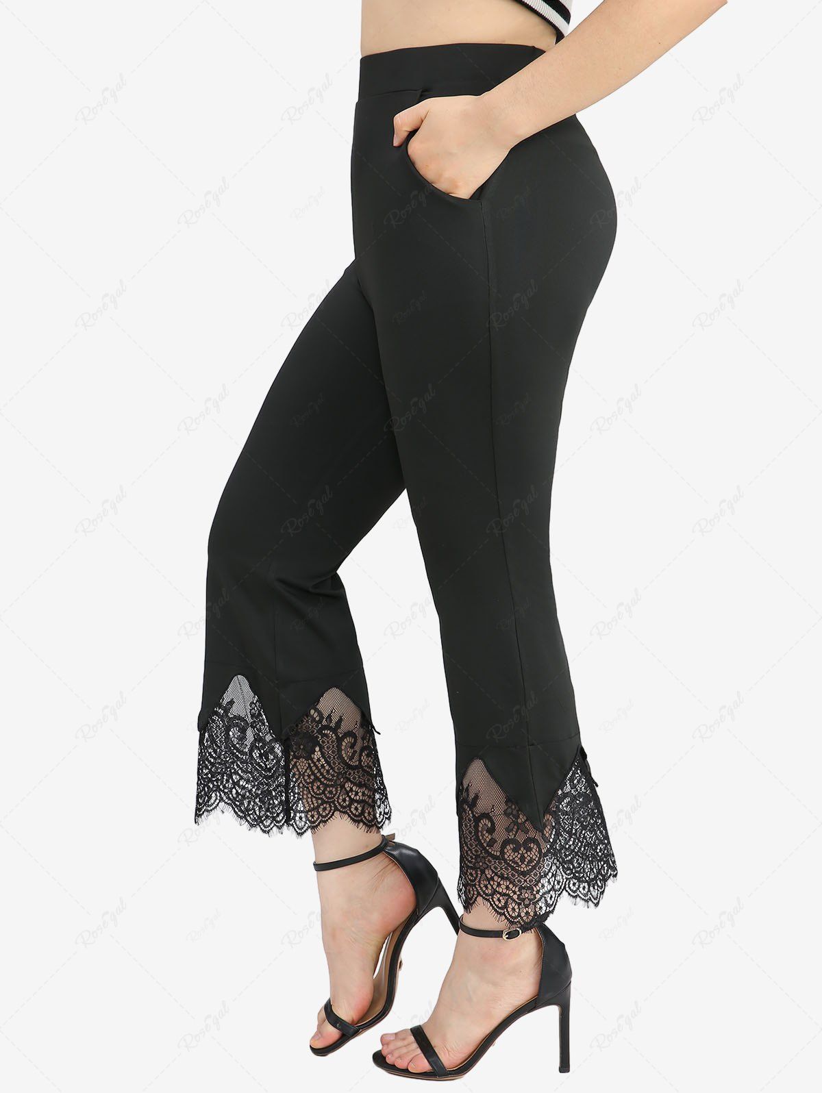 Fancy Plus Size Scalloped Floral Lace Tassel Trim Pockets Flare Pants  
