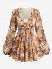 Floral Printed Embroidery Ruched Surplice 2 in 1 Blouse and Skinny Leggings Plus Size Outfit -  