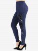 Ribbed Surplice Fleece Trim Hooded Top and Flocking Mesh Leggings Plus Size Outfit -  