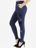 Ribbed Surplice Fleece Trim Hooded Top and Flocking Mesh Leggings Plus Size Outfit -  