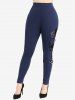 Ribbed Surplice Fleece Trim Hooded Top and Flocking Mesh Leggings Plus Size Outfit -  