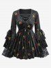 Cherry Embroidery Lace Up Drawstring Flare Sleeve Top and Sparkling Sequin 3D Print Leggings Plus Size Outfit -  