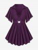 Buckle Ruched Butterfly Sleeves T-Shirt and Bowknot Lace Leggings Plus Size Outfit -  