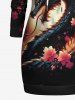 Plus Size Dragon Branch Floral Print Pocket Drawstring Pullover Long Sleeves Hoodie -  