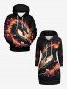 Plus Size Dragon Branch Floral Print Pocket Drawstring Pullover Long Sleeves Hoodie -  