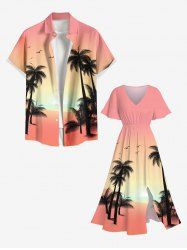 Coconut Tree Bird Ombre Print Plus Size Matching Hawaii Beach Outfit For Couples -  