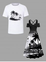 Coconut Tree Bird Seascape Print Plus Size Matching Hawaii Beach Outfit For Couples -  