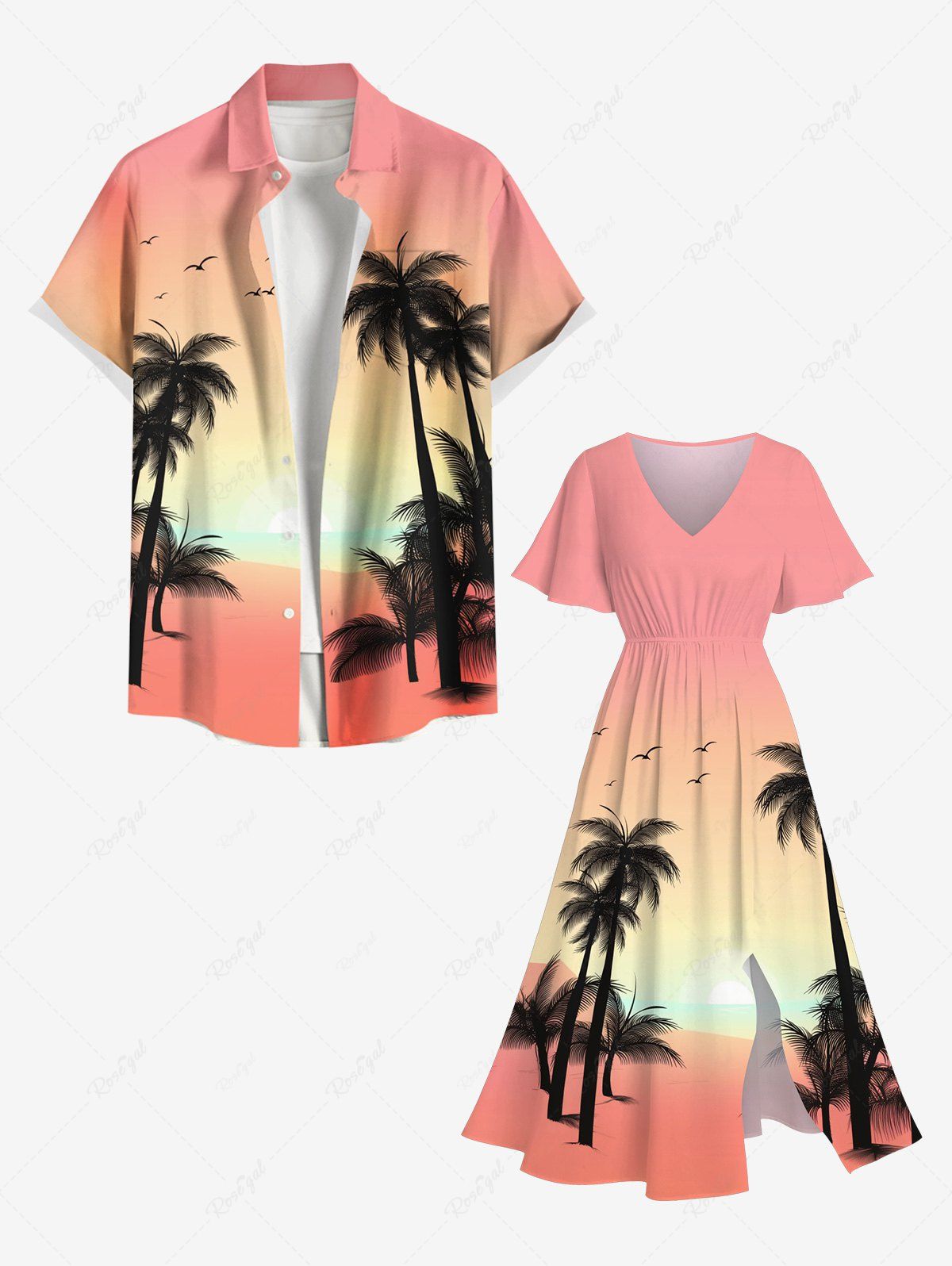 Online Coconut Tree Bird Ombre Print Plus Size Matching Hawaii Beach Outfit For Couples  