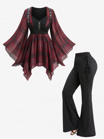 Plaid Print Chain Ruched PU Strap Corset Blouse and Glitter Line Insert Ribbed Lace Up Flare Pants Plus Size Outfit