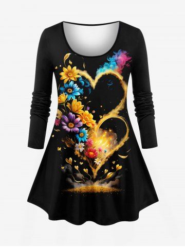 Plus Size Colorful Flower Heart Smoke Fireworks Print Valentines Long Sleeves T-shirt - BLACK - XS