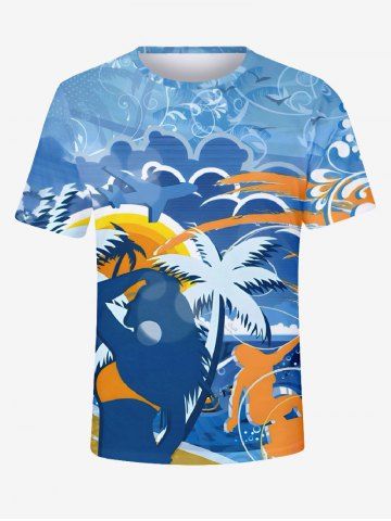 Plus Size Coconut Tree Plane Sea Waves Surfer Print Hawaii T-shirt For Men - BLUE - XL