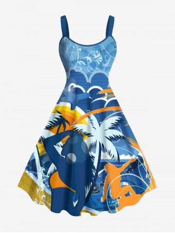 Plus Size Coconut Tree Plane Sea Waves Surfer Print Hawaii A Line Tank Dress - BLUE - XS