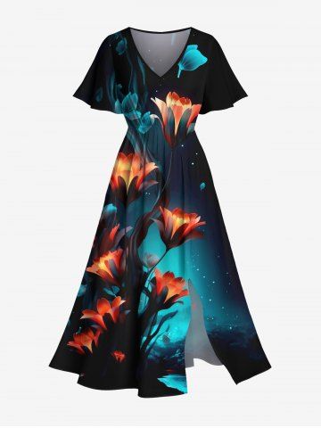 Plus Size Glitter Flower Branch Ombre Galaxy Print Hawaii Split Pocket A Line Midi Dress - BLACK - S