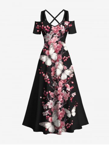 Plus Size Flower Butterfly Print Hawaii Crisscross A Line Maxi Dress - BLACK - XS