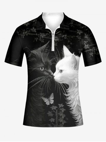 Plus Size Two Tone Cat Butterfly Floral Print Half Zipper Polo Shirt For Men - BLACK - XL