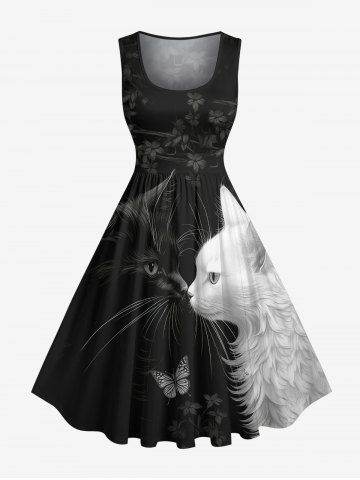 Plus Size Two Tone Cat Butterfly Floral Print Vintage Swing A Line Dress - BLACK - 4X
