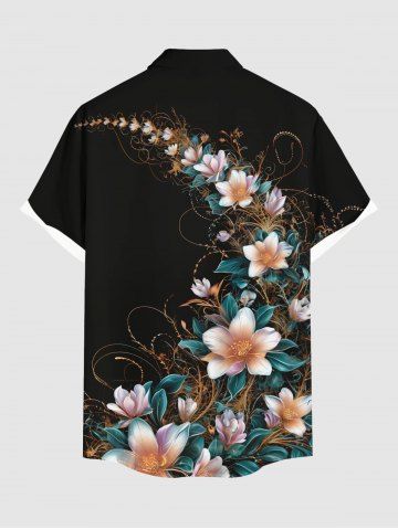 Plus Size Ombre Floral Leaf Branch Print Hawaii Button Pocket Shirt For Men