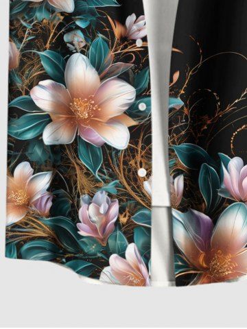 Plus Size Ombre Floral Leaf Branch Print Hawaii Button Pocket Shirt For Men