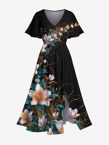 Plus Size Ombre Floral Leaf Branch Print Hawaii Split Pocket A Line Midi Dress - BLACK - XS