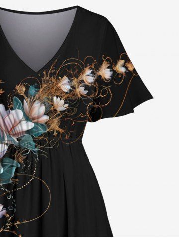 Plus Size Ombre Floral Leaf Branch Print Hawaii Split Pocket A Line Midi Dress