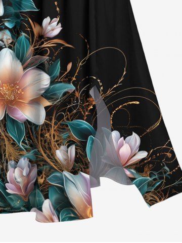 Plus Size Ombre Floral Leaf Branch Print Hawaii Split Pocket A Line Midi Dress