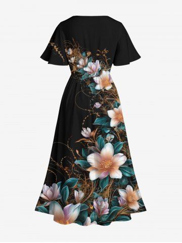 Plus Size Ombre Floral Leaf Branch Print Hawaii Split Pocket A Line Midi Dress