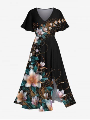 Plus Size Ombre Floral Leaf Branch Print Hawaii Split Pocket A Line Midi Dress