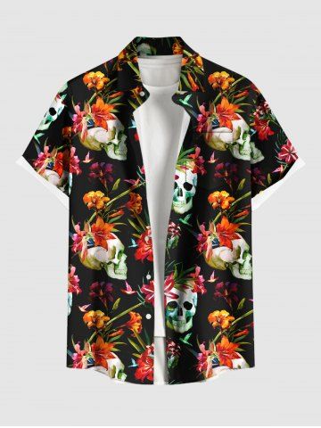 Plus Size Skulls Tropical Leaf Flowers Print Buttons Pocket Hawaii Shirt For Men - BLACK - L