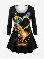 Plus Size Colorful Flower Heart Smoke Fireworks Print Valentines Long Sleeves T-shirt -  
