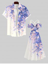 Watercolor Flowers Leaf Print Plus Size Matching Hawaii Beach Outfit For Couples -  