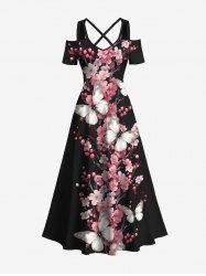 Plus Size Flower Butterfly Print Hawaii Crisscross A Line Maxi Dress -  