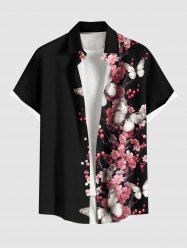 Plus Size Flower Butterfly Print Hawaii Button Pocket Shirt For Men -  