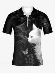 Plus Size Two Tone Cat Butterfly Floral Print Half Zipper Polo Shirt For Men -  