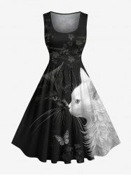 Plus Size Two Tone Cat Butterfly Floral Print Vintage Swing A Line Dress -  
