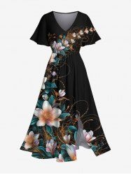 Plus Size Ombre Floral Leaf Branch Print Hawaii Split Pocket A Line Midi Dress -  