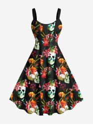 Plus Size Skulls Tropical Leaf Flowers Print Hawaii Tank Dress -  