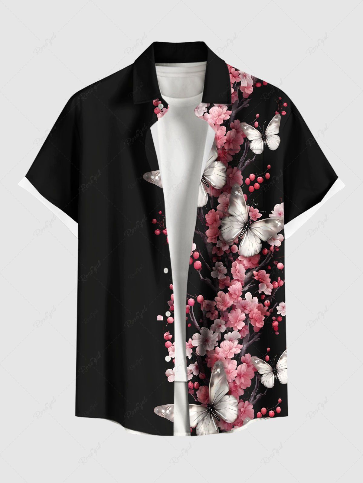 New Plus Size Flower Butterfly Print Hawaii Button Pocket Shirt For Men  