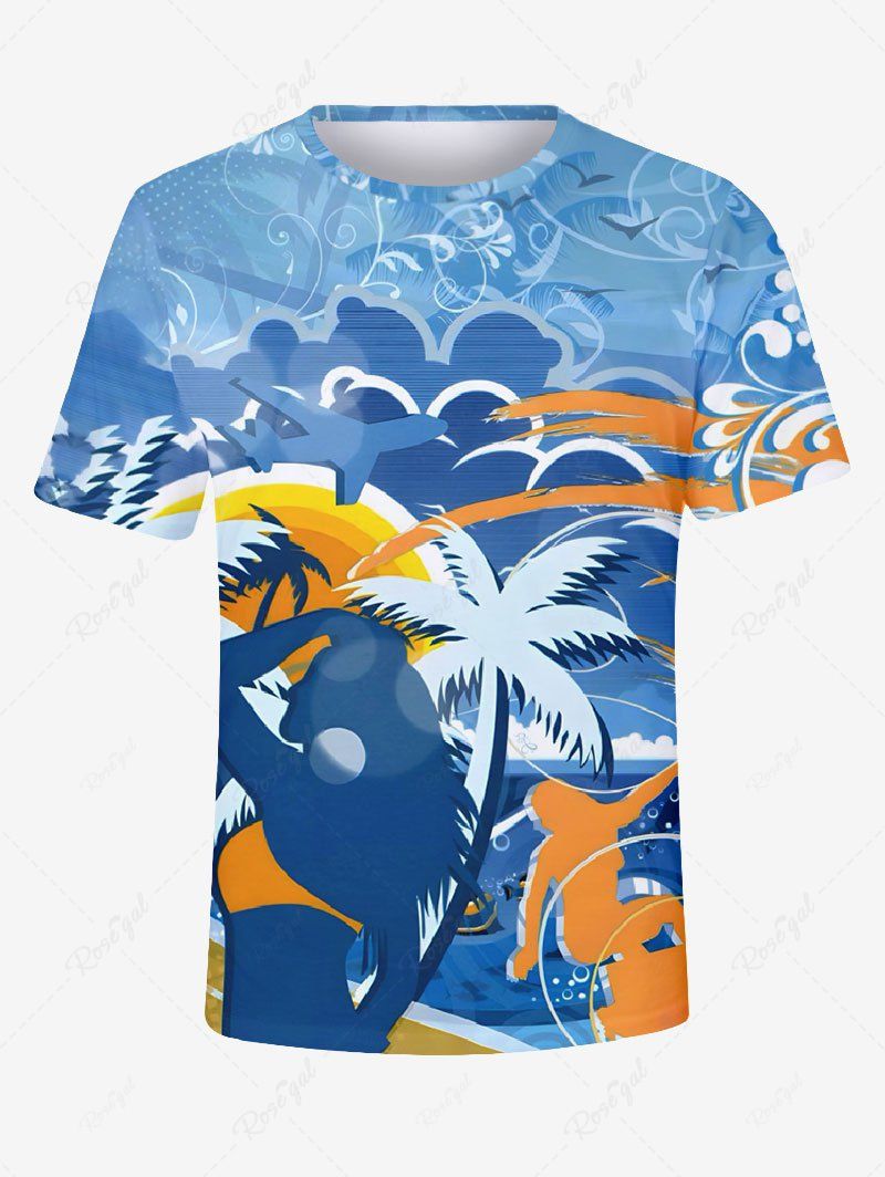 Trendy Plus Size Coconut Tree Plane Sea Waves Surfer Print Hawaii T-shirt For Men  