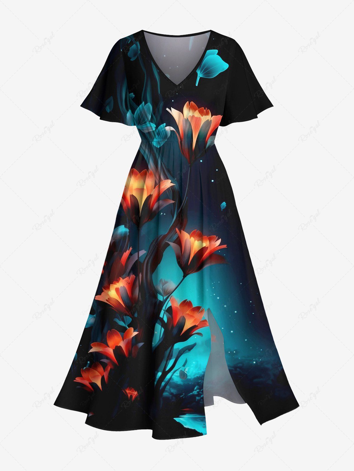 Discount Plus Size Glitter Flower Branch Ombre Galaxy Print Hawaii Split Pocket A Line Midi Dress  