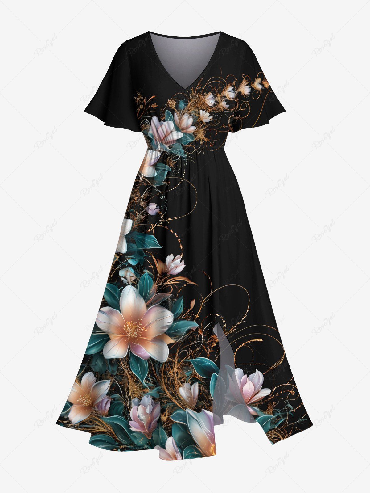 Fancy Plus Size Ombre Floral Leaf Branch Print Hawaii Split Pocket A Line Midi Dress  