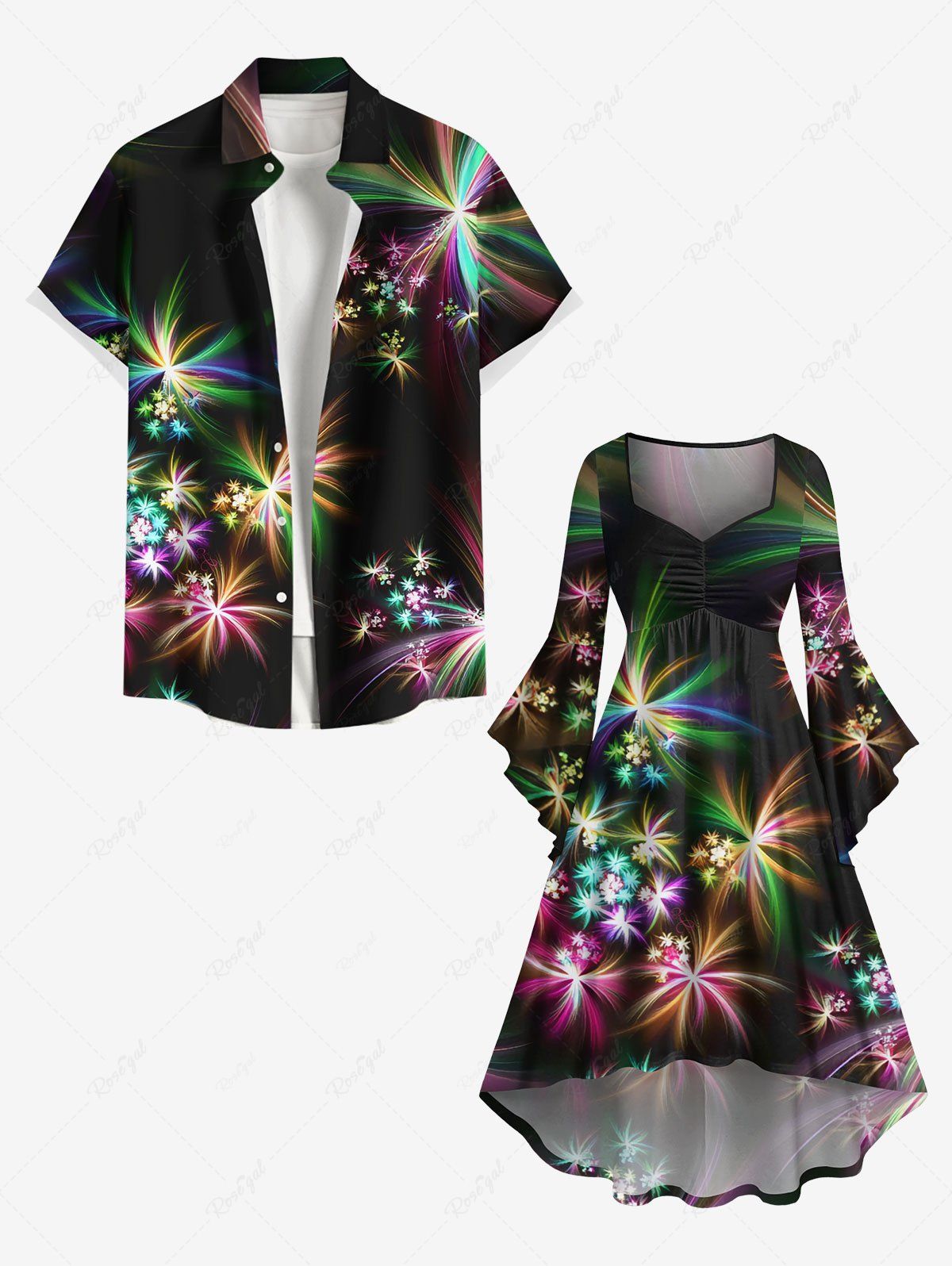 Unique Colorful Glitter Fireworks Floral Print Party New Years Eve Plus Size Matching Outfit For Couples  