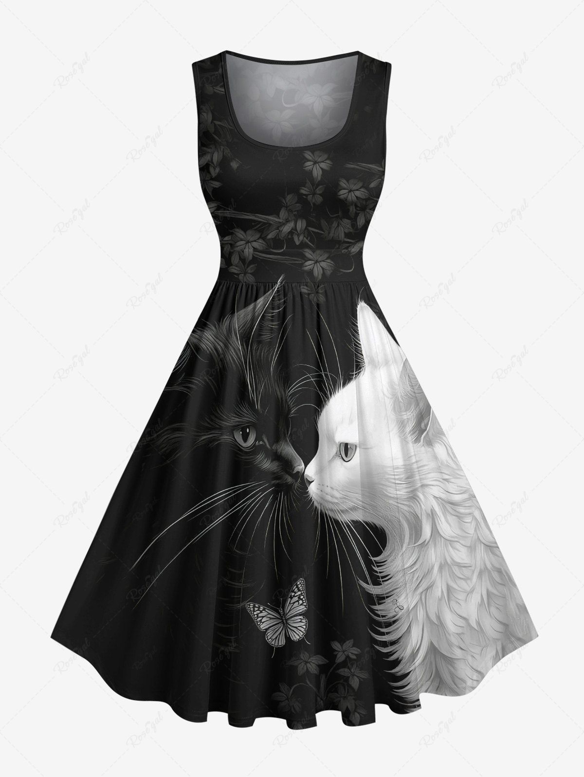 Discount Plus Size Two Tone Cat Butterfly Floral Print Vintage Swing A Line Dress  