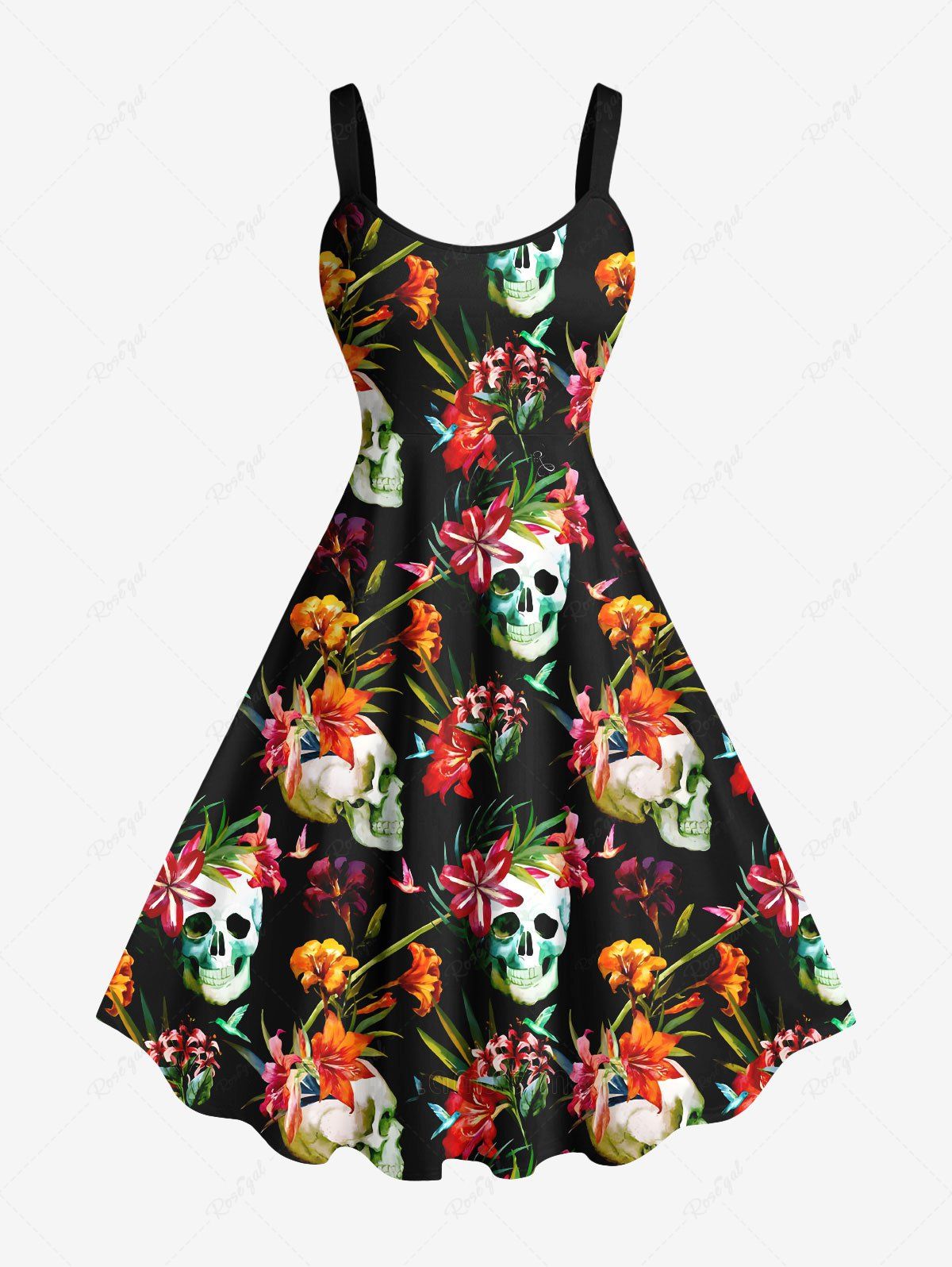 Fancy Plus Size Skulls Tropical Leaf Flowers Print Hawaii Tank Dress  