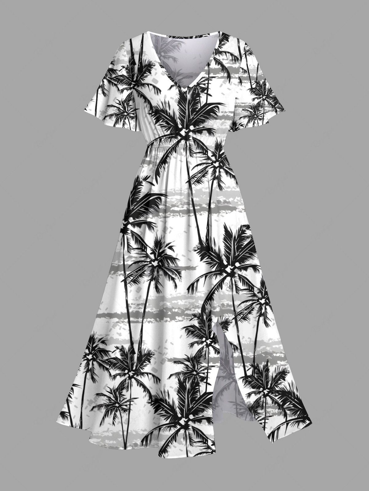 Cheap Plus Size Coconut Tree Tie Dye Print Split Hawaii Midi Dress  