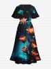 Plus Size Glitter Flower Branch Ombre Galaxy Print Hawaii Split Pocket A Line Midi Dress -  
