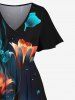 Plus Size Glitter Flower Branch Ombre Galaxy Print Hawaii Split Pocket A Line Midi Dress -  