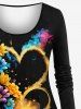 Plus Size Colorful Flower Heart Smoke Fireworks Print Valentines Long Sleeves T-shirt -  